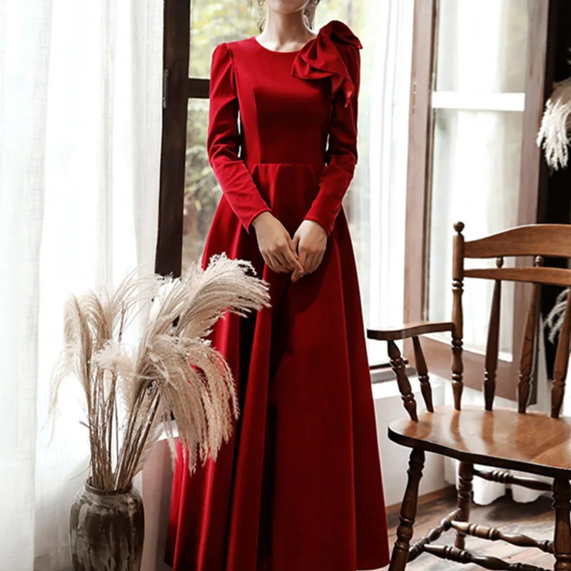 

Vestido De Gala Long Wine In The Fall And Winter Of Bride Wedding Gown Engagement Long-sleeved Clothes Dress Show Thin Woman