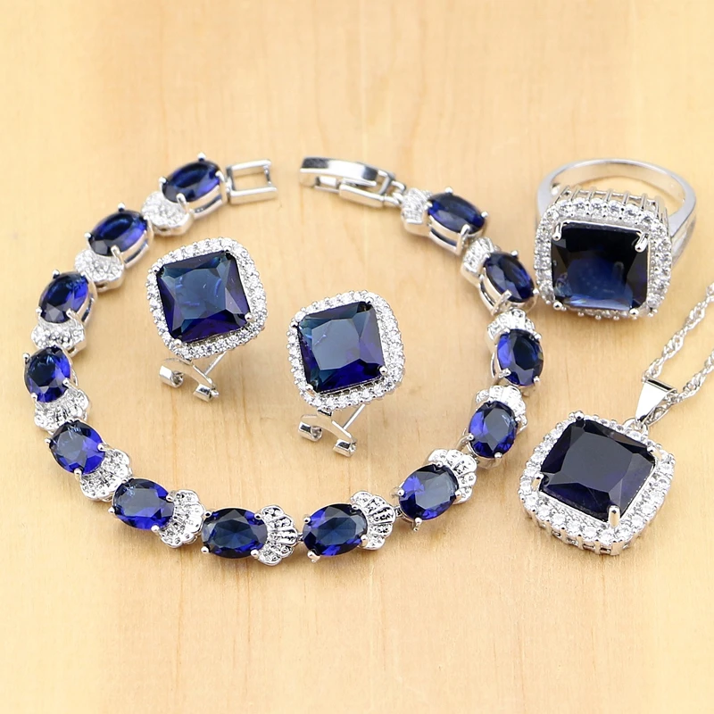 

925 Silver Wedding Jewelry Sets Blue Cubic Zirconia White CZ Beads Decorations For Women Earrings/Pendant/Necklace/Ring/Bracelet