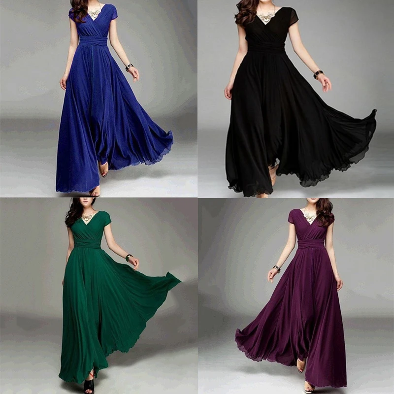 Women Fashion Bohemian Maxi Long Dress Evening Party Solid Dress V-neck Sleeveless