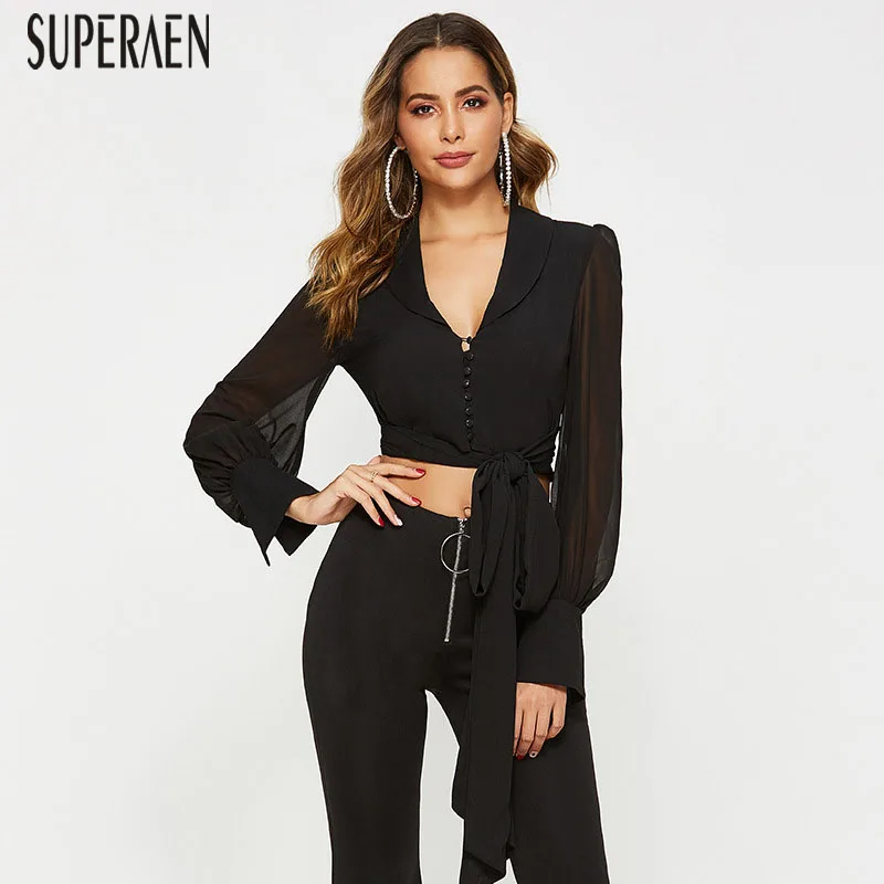 SuperAen, осень, новые женские рубашки, одноцветные, европейские женские блузки и топы, модные, с отворотом, с длинным рукавом, сетчатые, тонкие, сексуальные