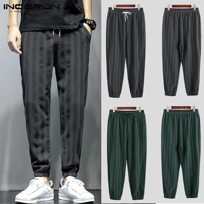 INCERUN Striped Pencil Pants Mens Casual Drawstring Trousers Mens Street Fashion Breathable Cotton Trend Trousers Plus Size