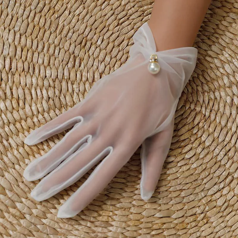 Bridal Gloves Wedding Gloves White Gauze Woman Thin Lace Ladies Fingered Pearl Wedding Accessories lace gloves,wedding dress gloves,wedding sleeve accessories