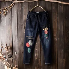 Дамские шаровары полной длины Зимние флисовые Джинсы женские с вышивкой Выбеленные Промытые Лоскутные умягчители плиссированные обычные