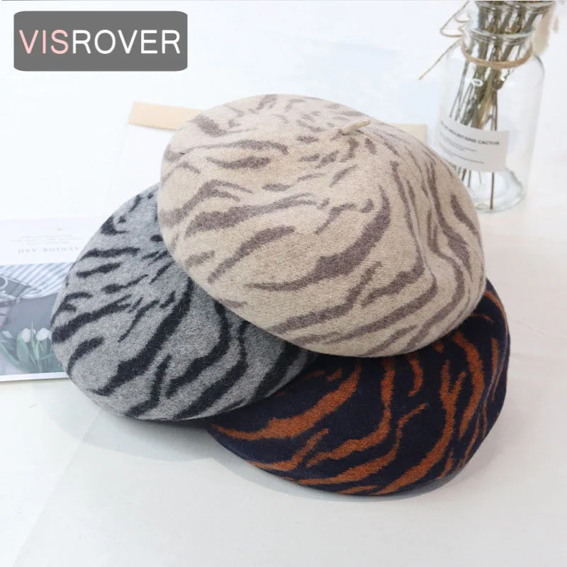 

VISROVER 2020 New Cute Zabra 100% Wool Beret Solid Autumn Hat Winter Cap Spring top quality Beret Hat Rabbit Beret Wholesale