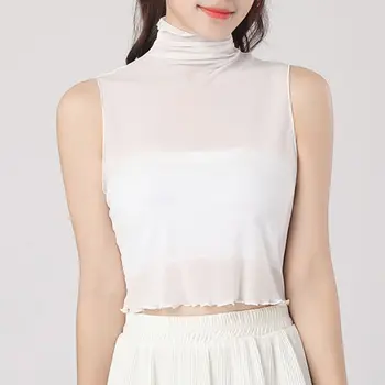 

Women Autumn Ruffles Turtleneck Mesh Fake Collar Semi Sheer Vest Style Half Tops
