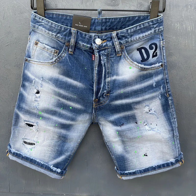 Estilo de verano dsq marca D2 vaqueros Italia hombres pantalones cortos vaqueros denim Pantalones Slim raya azul oscuro Shorts vaqueros con agujeros para hombres 2108
