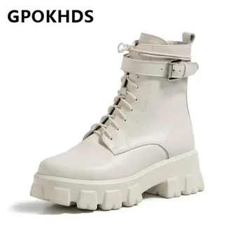 

GPOKHDS 2021 women Ankle boots Cow leather Winter short plush Round Toe Zip Buckle Strap High heels female Riding boots size 40