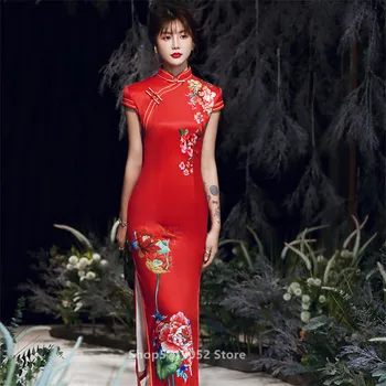 

Summer Satin Silk Chinese Sexy Vestido Wedding Women Traditional Cloth Long Dress Cheongsam Tight Qipao Fancy Print Split Dress