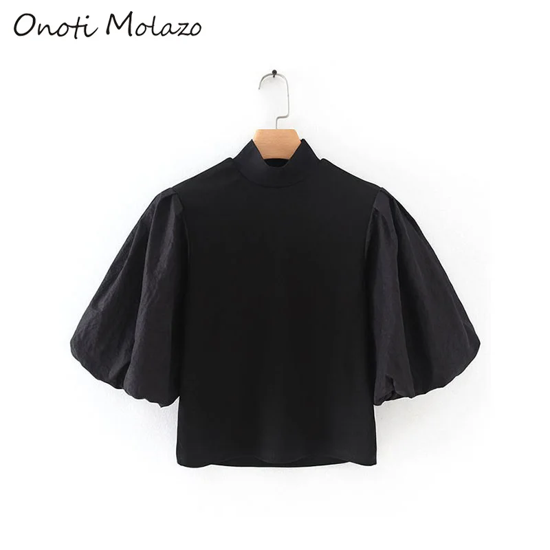 Onoti Molazo Повседневный Топ, женские блузки с пышными рукавами, элегантная женская блузка, топы, летние женские платья,, осенняя Новая мода - Цвет: Black