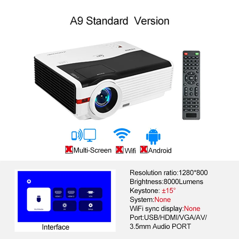 Caiwei A9/A9AB умный Android 6,0 WiFi светодиодный проектор 1080p домашний кинотеатр 8000 люмен Full HD видео мобильный проектор для смартфонов ТВ - Цвет: A9 Basic Version