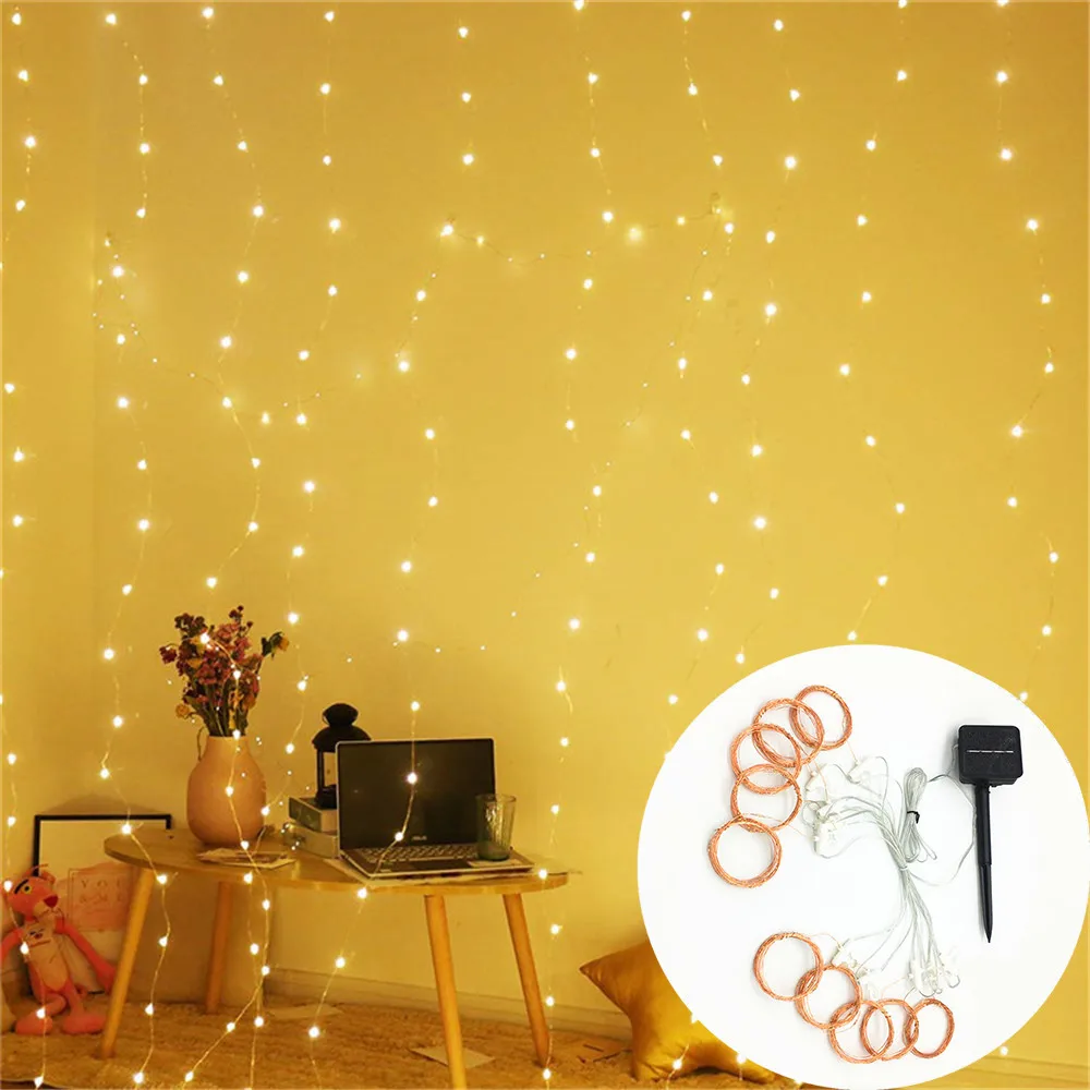 

3x2/3x3m LED String Light Solar Curtain String Light Fairy Copper Wire Decorate Wedding Holiday Party Christmas Light Waterproof
