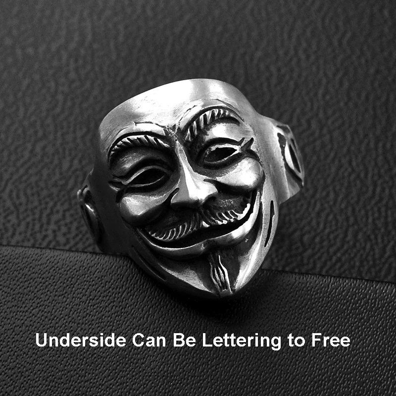 Real 925 Sterling Silver color Ring New V for vendetta Mask Man Open Adjust Biker Skull Ghost Thai Fashion Jewelry  Украшения