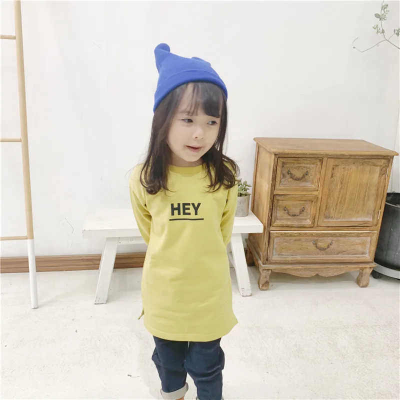 Korean Style Autumn Girls Pure Cotton Long T Shirts Kids Letters Printing Casual Tops Clothes
