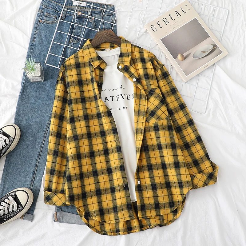 

Red Yellow Plaid Shirt Women 2020 Autumn New Woman Casual Long Sleeve Blouses and Tops Female Fresh College Style Blouse Blusas