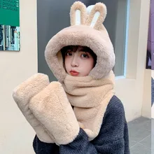 Women Fashion Hat Scarf Gloves Three-Piece Suit Winter Outdoor Warm Thickening Lovely Rabbit's Ears Neckerchief Cap Mittens Sets