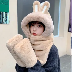 Women Fashion Hat Scarf Gloves Three-Piece Suit Winter Outdoor Warm Thickening Lovely Rabbit's Ears Neckerchief Cap Mittens Sets