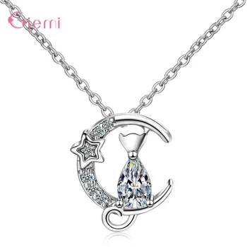 

100% Real Pure 925 Sterling Silver Jewelry Vintage Korean Long Cat Moon Necklaces For Women Wedding Kolye Collares