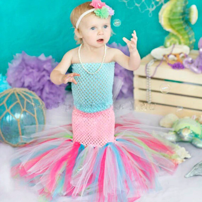 Tanie Zestaw syrenka morze księżniczka dziewczyna Fishtail Tutu sukienka noworodka dzieci