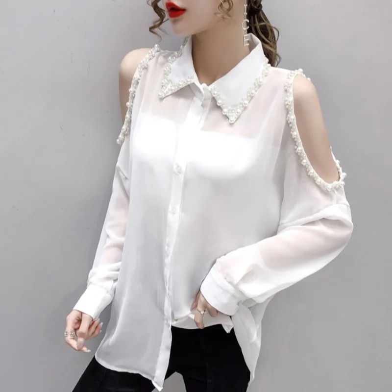 Women White Blouses Button 2020 summer Long Sleeve Shirt Female Sexy off-shoulder beaded Chiffon Women's Casual Clothing Autumn 5