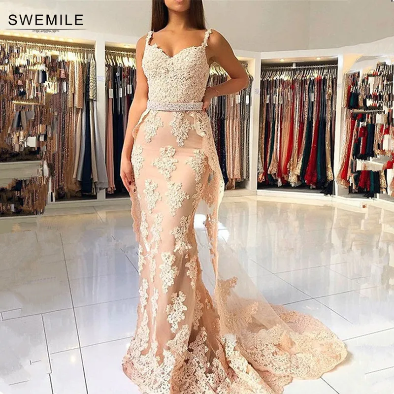 

SWEMILE Detachable Train Mermaid Lace Evening Dress 2019 Sexy Spaghetti Straps Champagne Prom Gowns Robe de Soiree