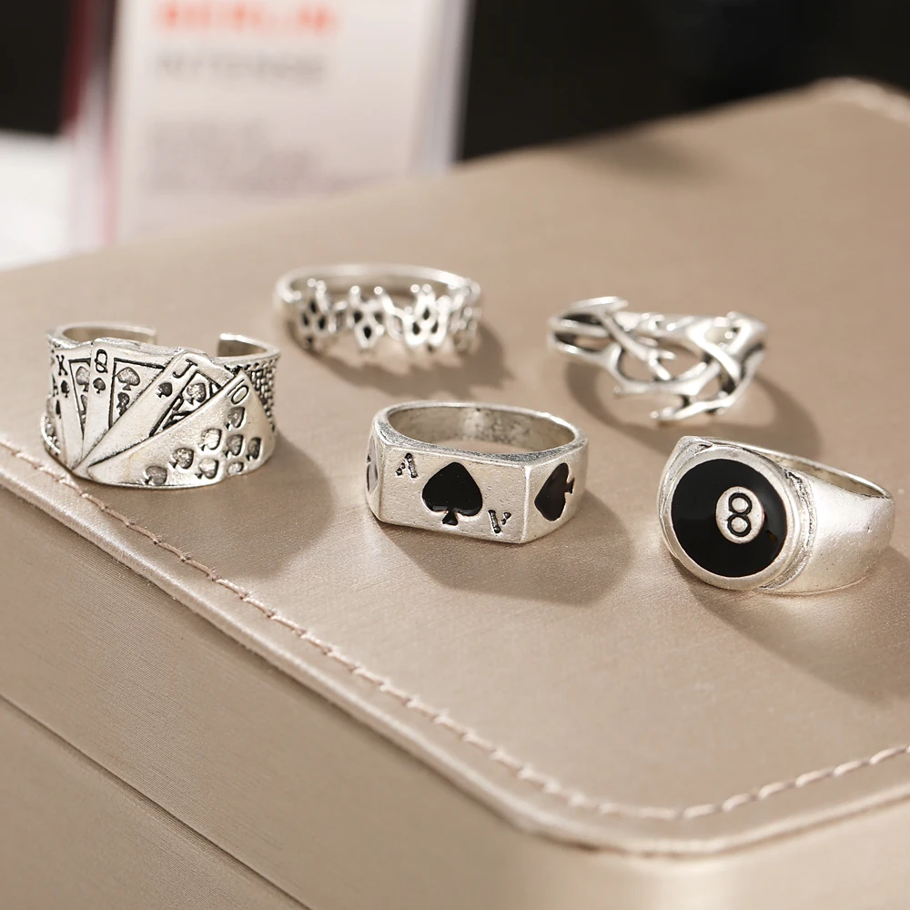 アクセサリー 90s HOWCLUB  silver 1000 ring Punk Vintage Silver Color Poker Billiards Ring Set for Women