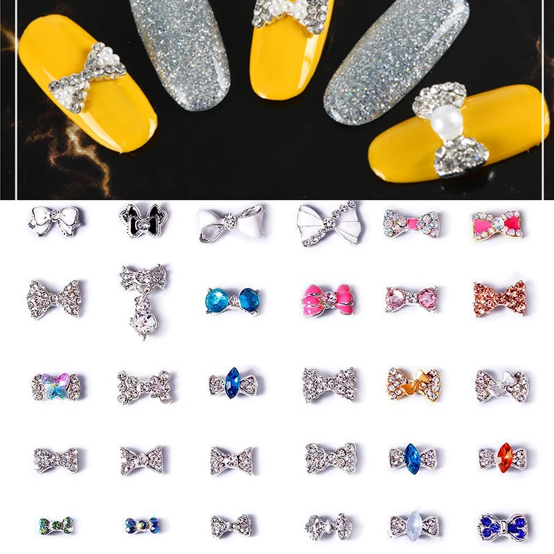 

30 Styles Nail 3D Charming Alloy Stone 100pc/lot Crystal Alloy Rivet Silver Bow-knot Jewelry Nail Tip Accessory Decoration Alloy