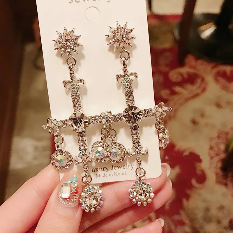 

MENGJIQIAO New Vintage Silver Color Luxury Colorful Crystal Cross Dangle Earrings For Women Elegant Tassel Party Jewelry Gifts