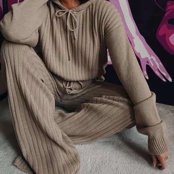 

Women Autumn Winter Ribbed Knitted Outfits Long Sleeve Jumper Hoodies Drawstring Wide Leg Pants Solid Color Sweater Suits Loung