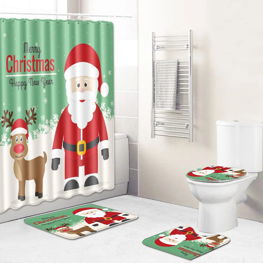 

New Shower Curtain/Bath Mat/Toilet Pad Set Elk Pattern Anti-slip Toilet Carpet Flannel Bath Mat Bathroom Christmas Decor 4 Pcs