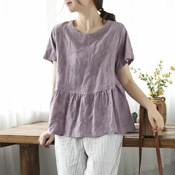 

RETRO embroidery cotton linen tops O neck short sleeve T-shirt women's casual loose top