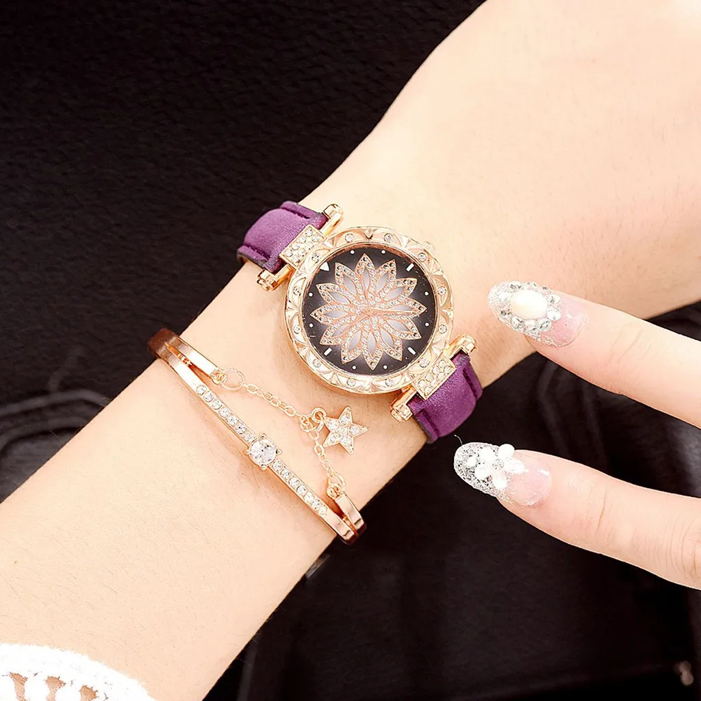 Модные женские сетчатые часы с магнитной пряжкой, клевер на удачу, роскошные женские кварцевые часы со стразами, браслет, набор для женщин, Relogio Feminino# D