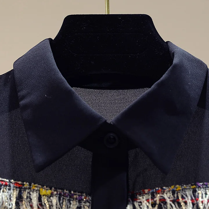 Новая Корейская твидовая нашивка с кисточками женские шифоновые рубашки Осенняя черная блузка Рубашки с лацканами и длинными рукавами женская OL рубашка Nancylim Топ