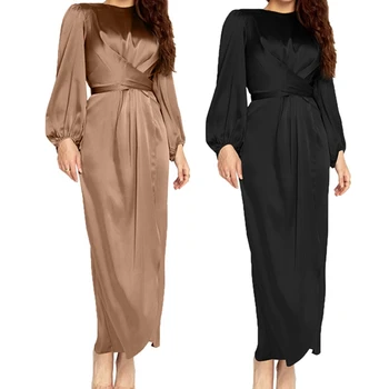 2021 Women Arab Muslim Satin Puff Long Sleeve Maxi Dress Solid Color Wrap Front Self-Tie Abaya Dubai Turkey Hijab Robe Kaftan 1