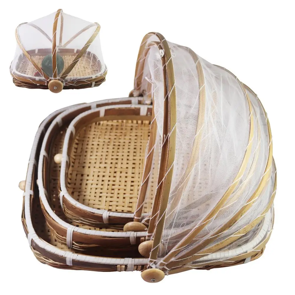 

Bamboo Tent Basket Dust Proof Hand Woven Storage Tray Anti Bug Food Fruit Handmade Container Net With Mesh Cover Picnic Basket