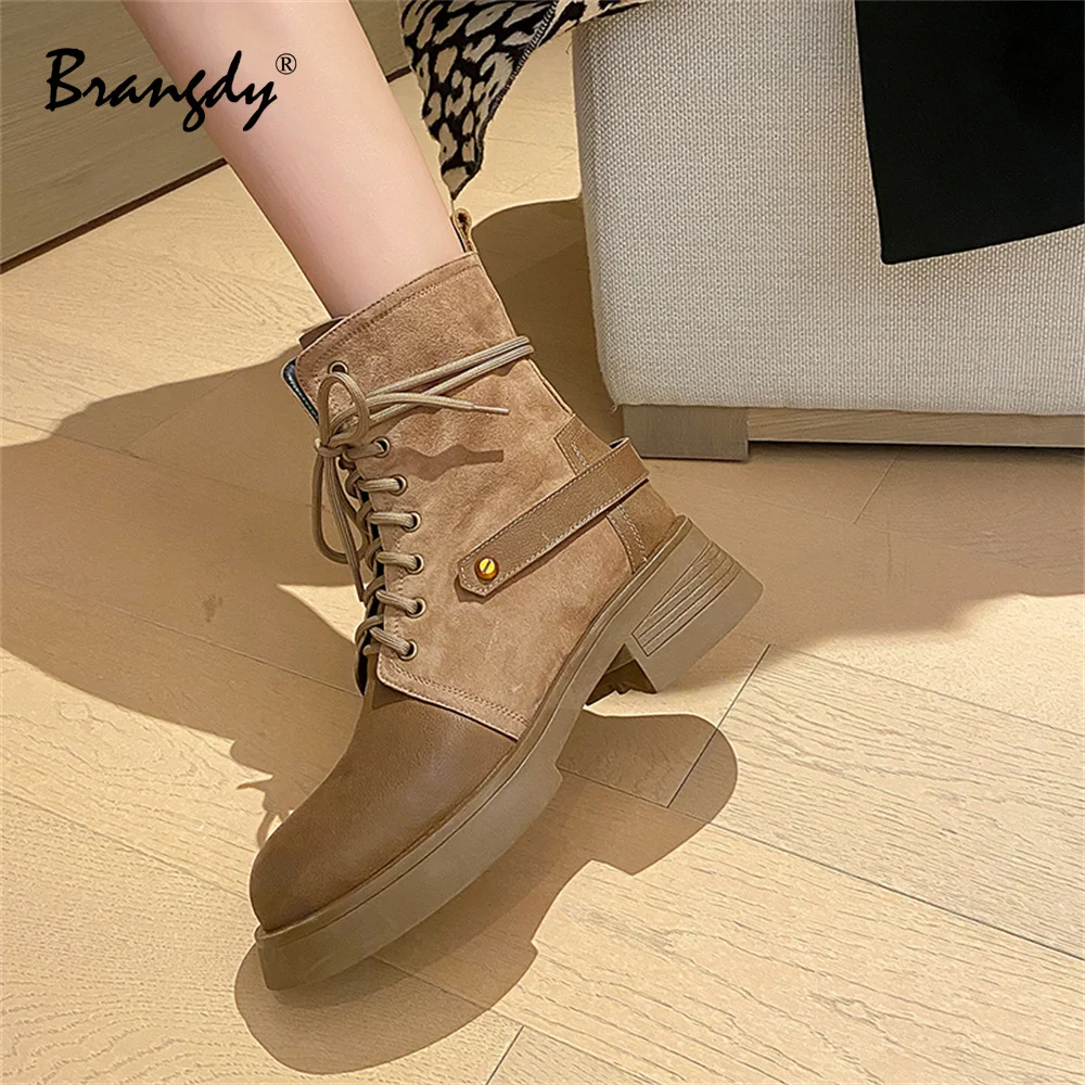 Women Boots Genuine Leather Splicing Women Shoes Mixed Colors Round Toe Women Winter Ankle Boots Fur Zipper Lace