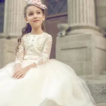 

Long Sleeve Jewel Lace and Tulle Wedding Flower Girls Dresses A-Line Sash Button Kids Formal Wear Communion Gown