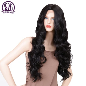 

MSIWIGS Black Lace Front Wigs for Women Synthetic Long Curly Wigs Middle Parting Heat Resistant Fiber Natural Looking