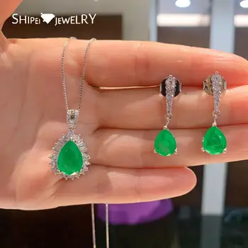 

Shipei 925Sterling Silver Water Drop Emerald Greated Moissanite Diamonds Gemstone Earrings/Pendant/Necklace Wedding Jewelry Sets