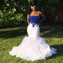Великолепные белые и синие платья русалки для выпускного вечера кружевные аппликации на тонких бретельках с оборками Вечерние платья Vestidos CP364