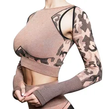 Женская камуфляжная рубашка для йоги, спортивный укороченный топ, спортивный топ для бега, дышащая Спортивная одежда для фитнеса, спортивная одежда для спортзала