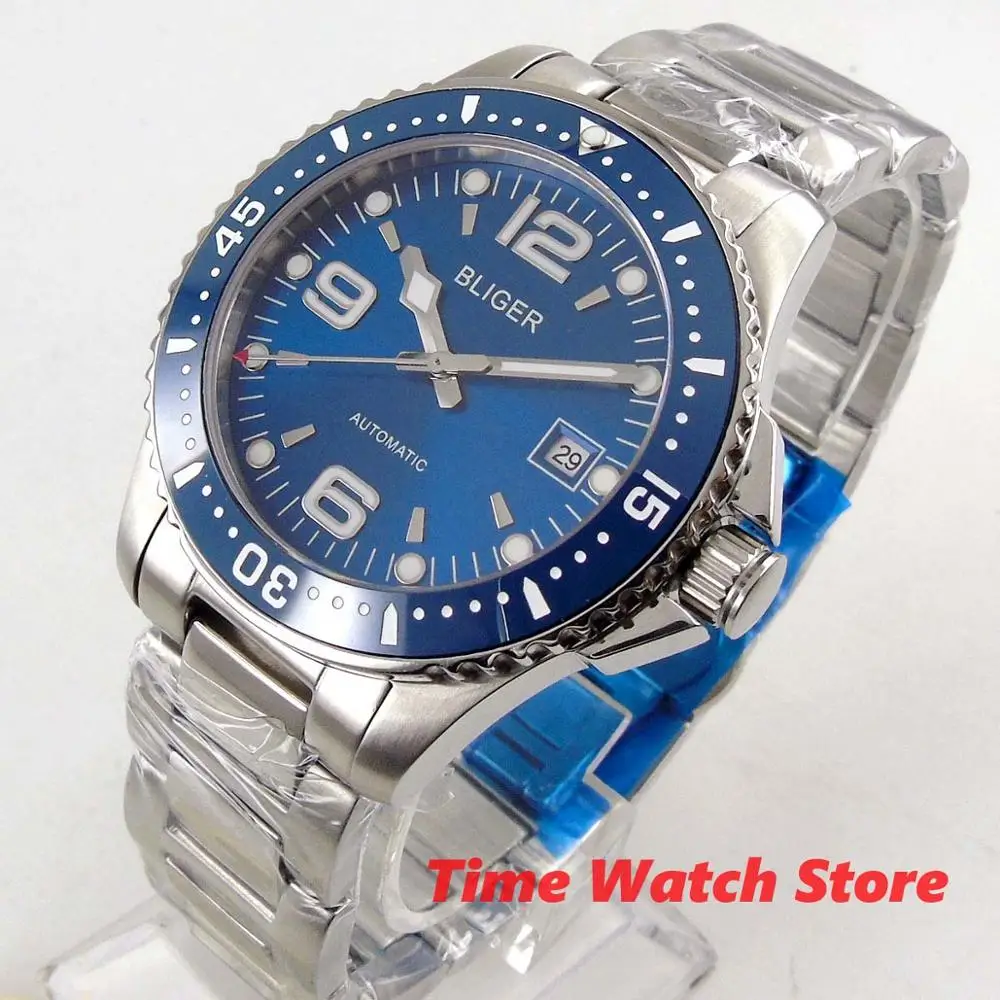 Standard blue BLIGER 40 мм автоматические часы для мужчин сапфировое стекло водонепроницаемый светящийся синий черный циферблат керамический ободок SS браслет - Цвет: Standard blue
