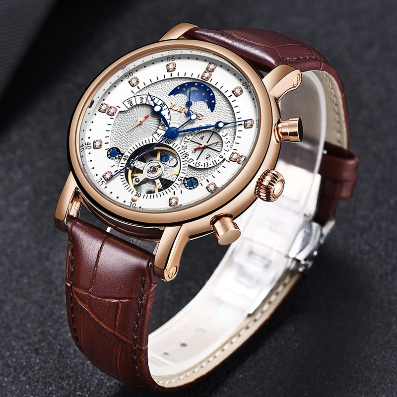 Бренд lige кожаный ремешок мужские механические часы Роскошные Tourbillon светящиеся водонепроницаемые автоматические часы Relogio Masculino