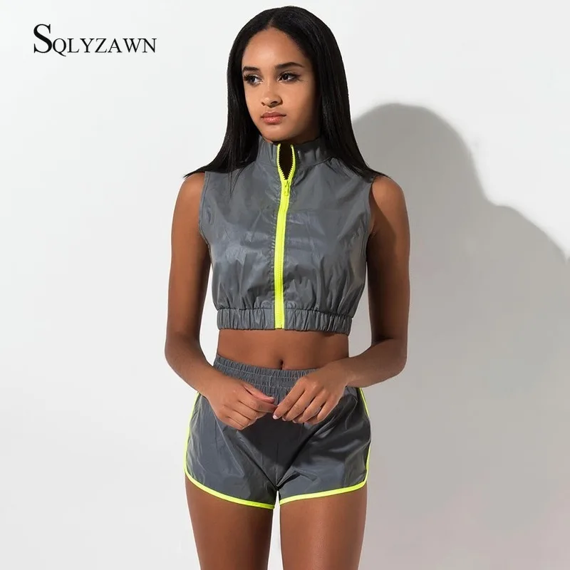 

Sexy Silver Gray Reflective Two Piece Set Women Summer Sleeveless Jacket Crop Top and Mini Shorts Harajuku Outfit Sweat Suits