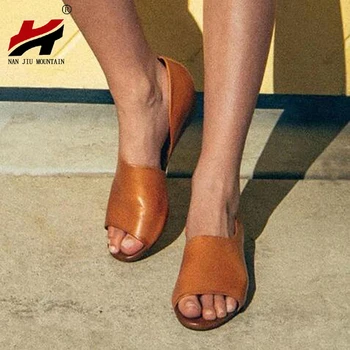 

NAN JIU MOUNTAIN 2019 Summer New Sandals Flat Bottom Casual Open Toe Solid Color Simple PU Leather Plus Size 34-43