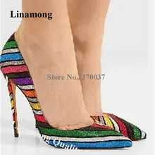 Linamong; шикарные разноцветные женские туфли-лодочки на шпильке с острым носком в радужную полоску; модельные туфли на высоком каблуке; большой размер 45