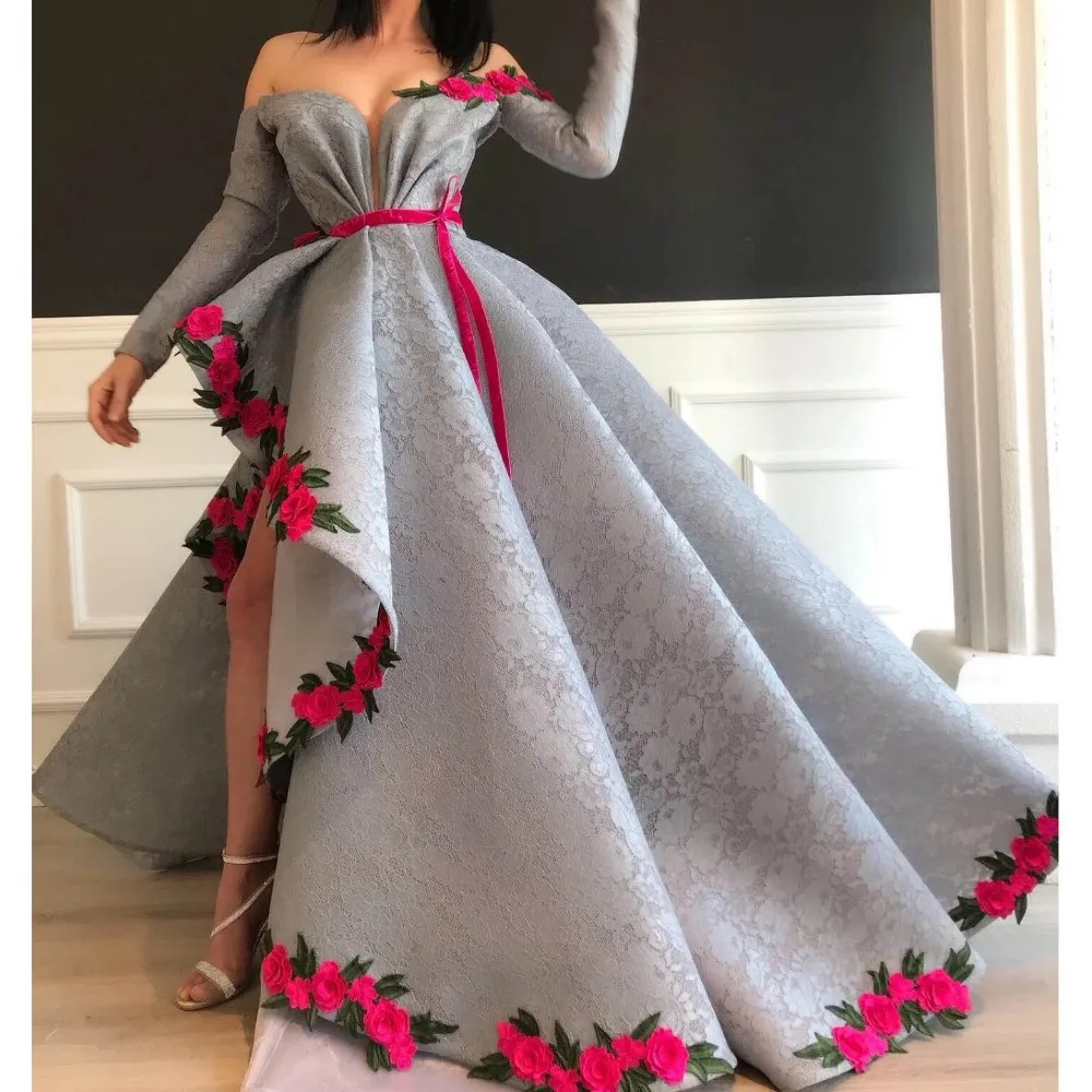 as picture Новейшие серые кружевные вечерние платья с длинными рукавами, с открытыми плечами, с цветочной аппликацией, Длинные вечерние платья Abendkleider - Цвет: as picture