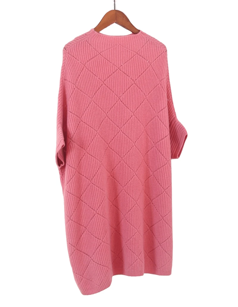 pure goat cashmere knit argyle plaid hollow out women long pullover sweater batwing short sleeve Oneck one&over size