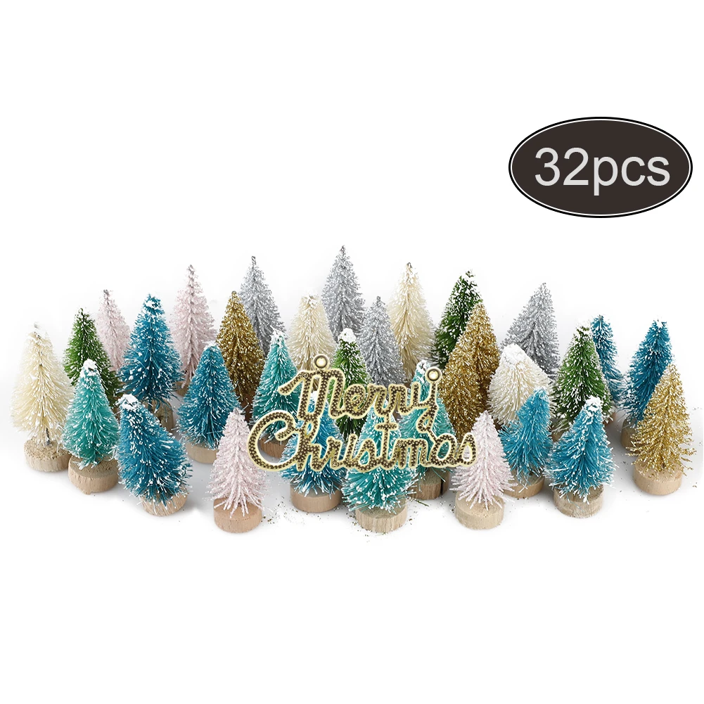 33Pcs Fake Pine Tree Small DIY Christmas Tree Mini Sisal Bottle Brush Christmas Tree Santa Snow Frost Village House Decoration