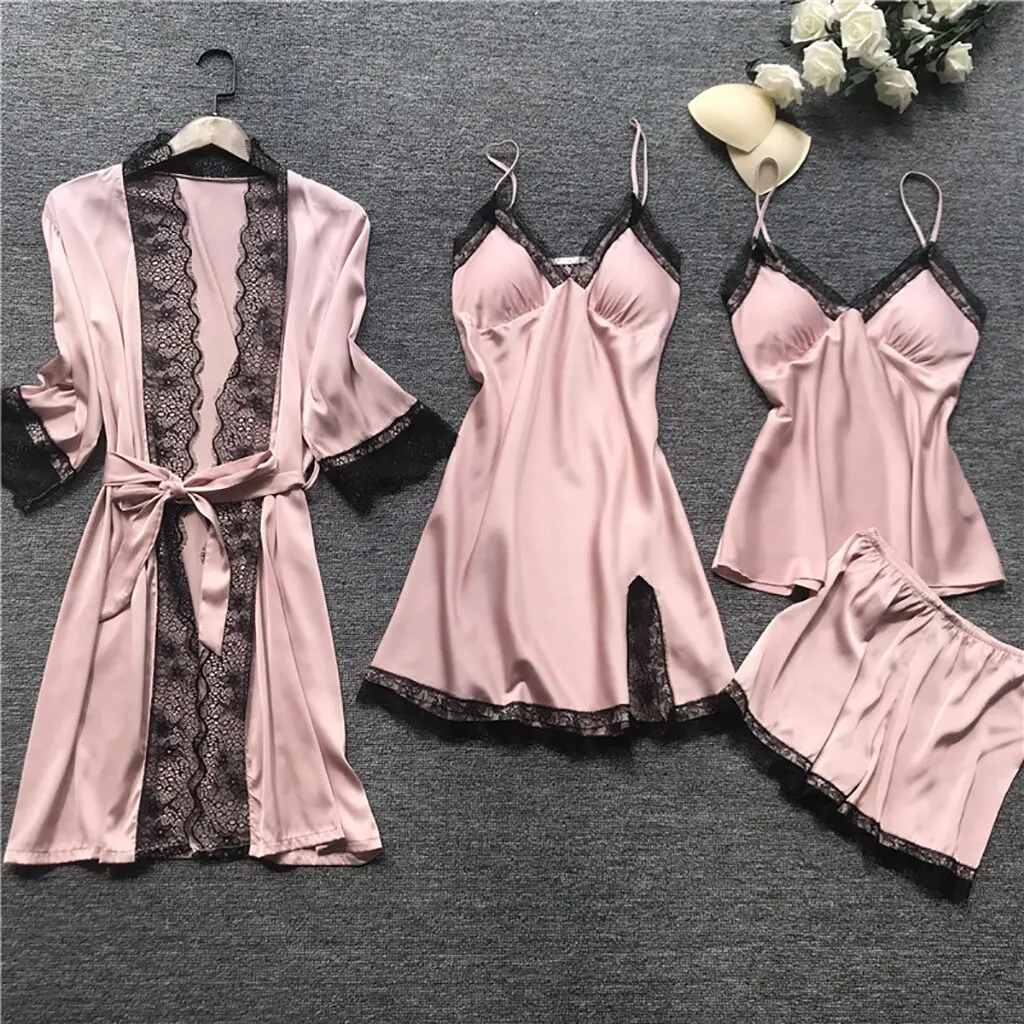 2021 Women Pajamas Sets Satin Sleepwear Silk 4 Pieces Nightwear Pyjama Spaghetti Strap Lace Sleep Lounge Pijama With Chest Pads