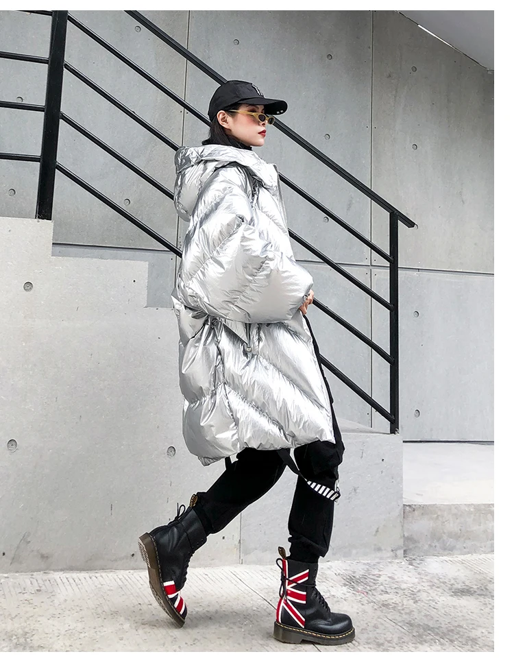Ins популярная зимняя женская куртка с капюшоном размера плюс, металлическая Серебряная теплая куртка, одежда с подкладкой, женская верхняя одежда на молнии, шапка, пальто LT149S30